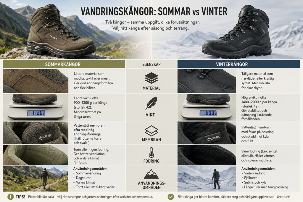 Jämförelse mellan sommar- och vinterversionen av vandringskängor – material, vikt, membran, fodring och användningsområden.