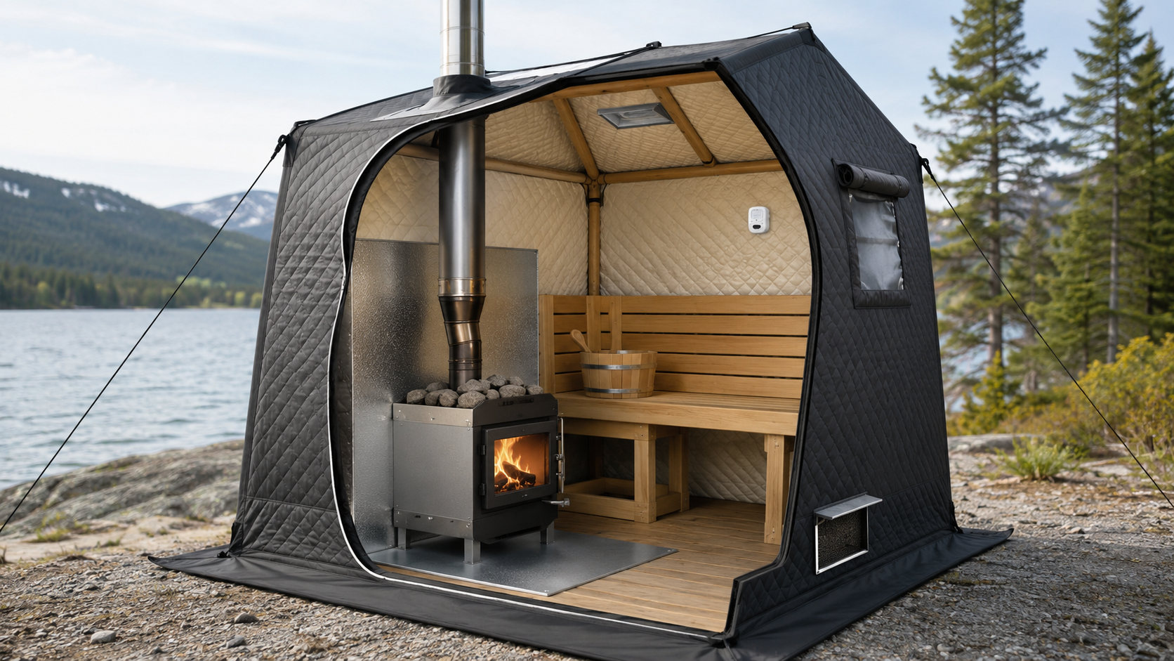 Säkerhetsillustration av portabelt bastutält med kamin: värmesköld, skorstensgenomföring, ventilation och kolmonoxidlarm