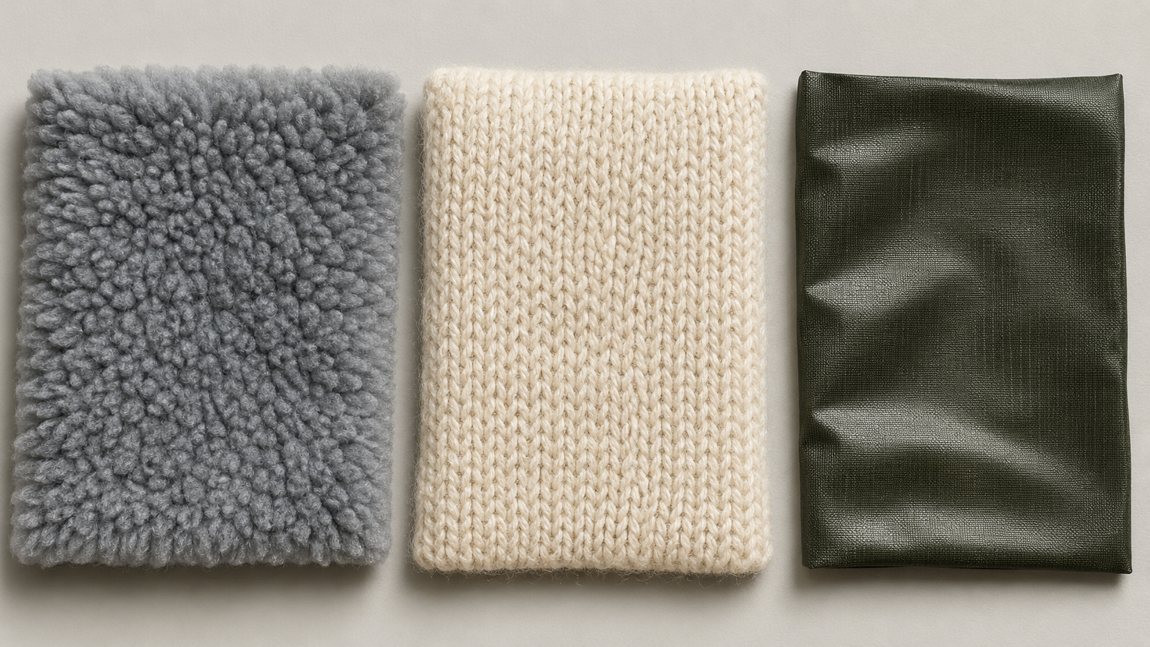 Närbild av tre friluftsmaterial: grå fleece, cream merinoull och grön Gore-Tex membran