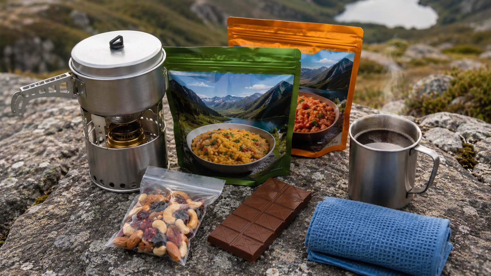 Friluftsmat och kokutrustning flat-lay: Trangia-stormkök, frystorkade rätter, nötmix och kaffemugg på granit