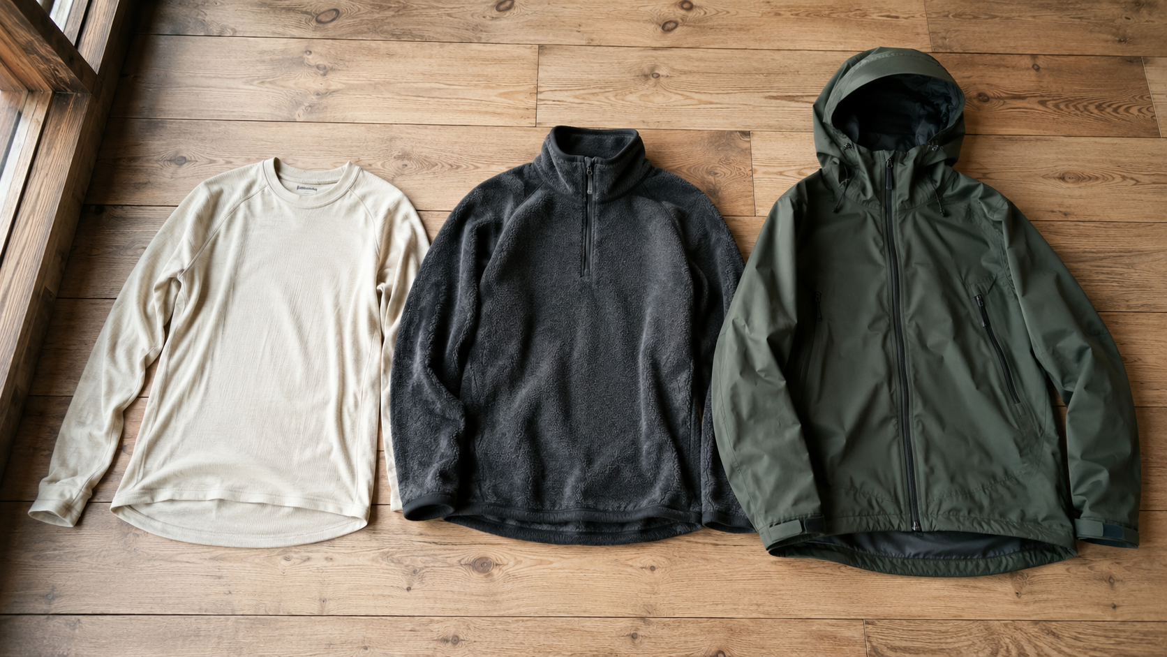 Flat-lay av friluftslager: cream merinoull-baslager, grå fleecepullover och mörkgrön skaljacka på trägolv