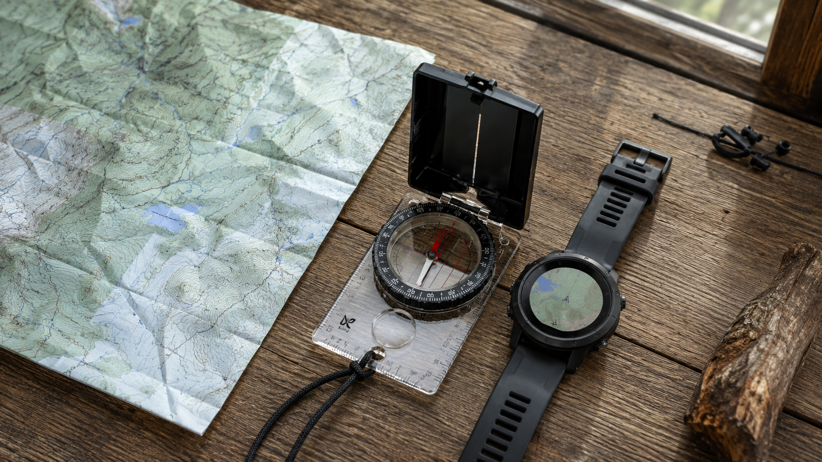 Karta, kompass och GPS-klocka utlagda på träbord för terrängnavigering