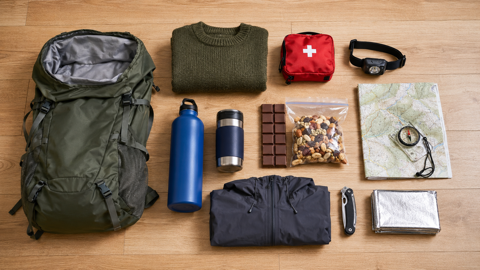 Komplett packlista för dagstur i flat-lay: ryggsäck, mellanlager, första förband, pannlampa, karta, kompass, vattenflaska och regnskal