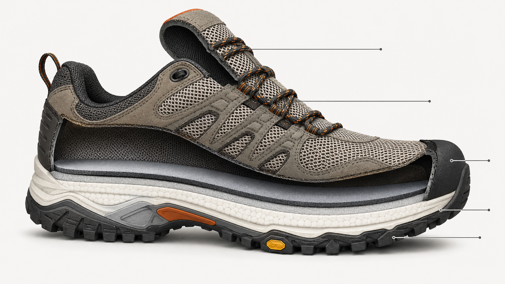 Cross-section illustration av sommarvandringssko som visar mesh upper, EVA midsole och Vibram-sula