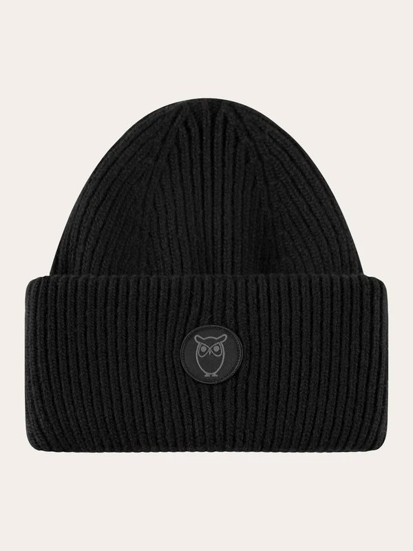 KnowledgeCotton Apparel Wool badge beanie Black Jet - NoSize